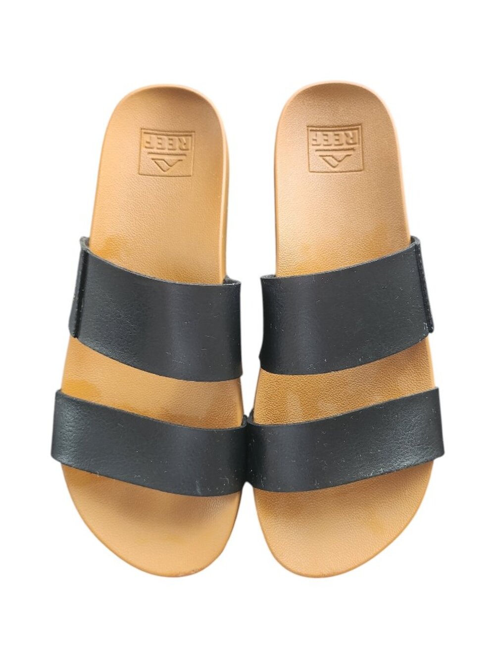 Reef Slide Sandals Black Tan Sole Woman's Size 7 Casual Slip On (Gently used)